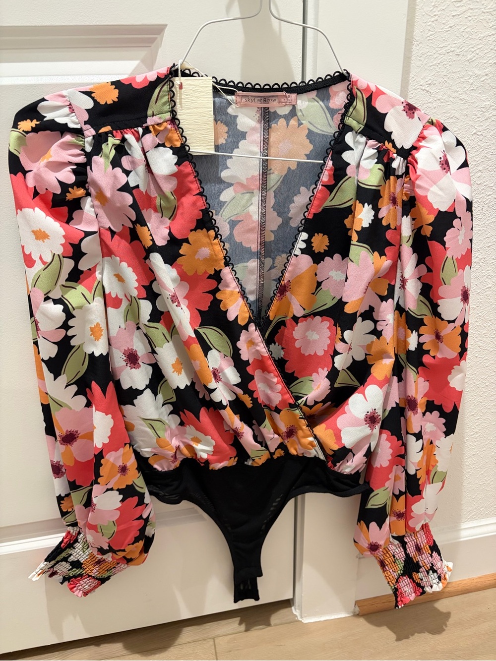Floral Long-Sleeve Bodysuit in Black, Pink & Coral